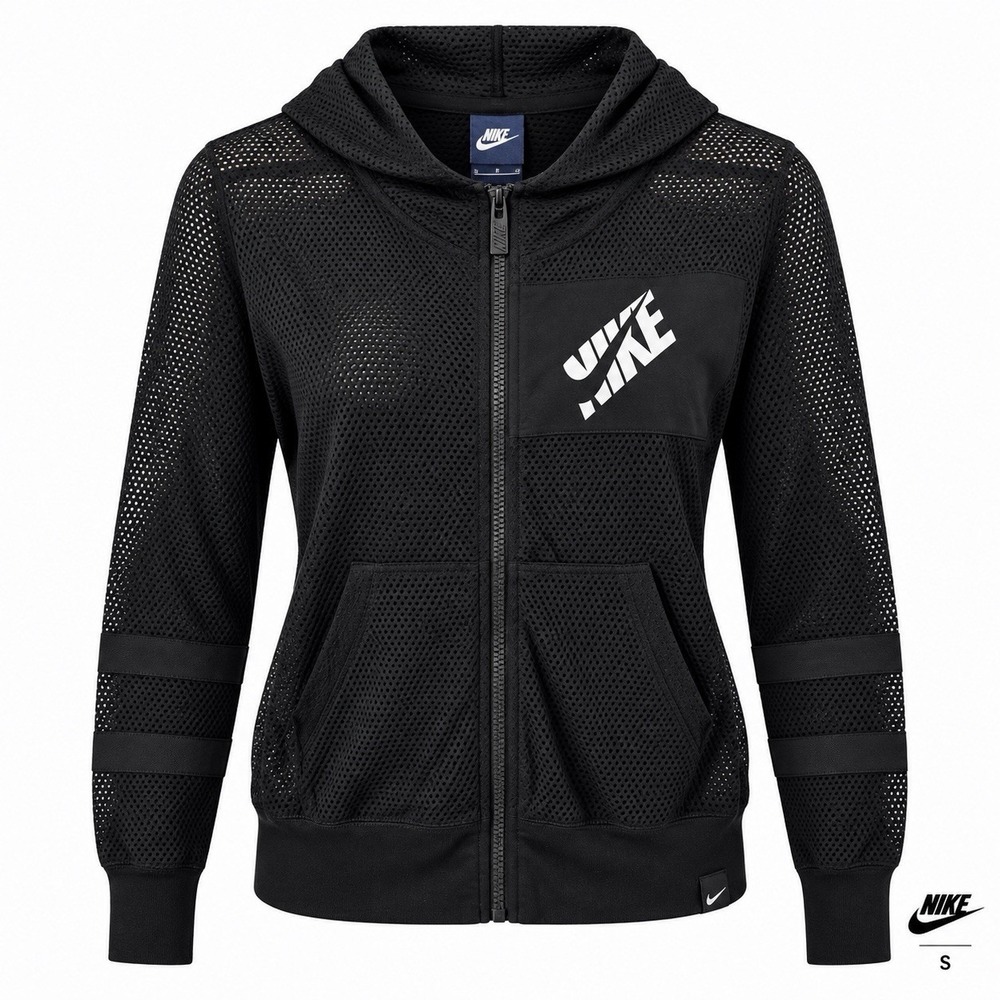 Nike Women's Small Black Mesh Full Zip Hoodie Jacket Swoosh Lightweight 726486